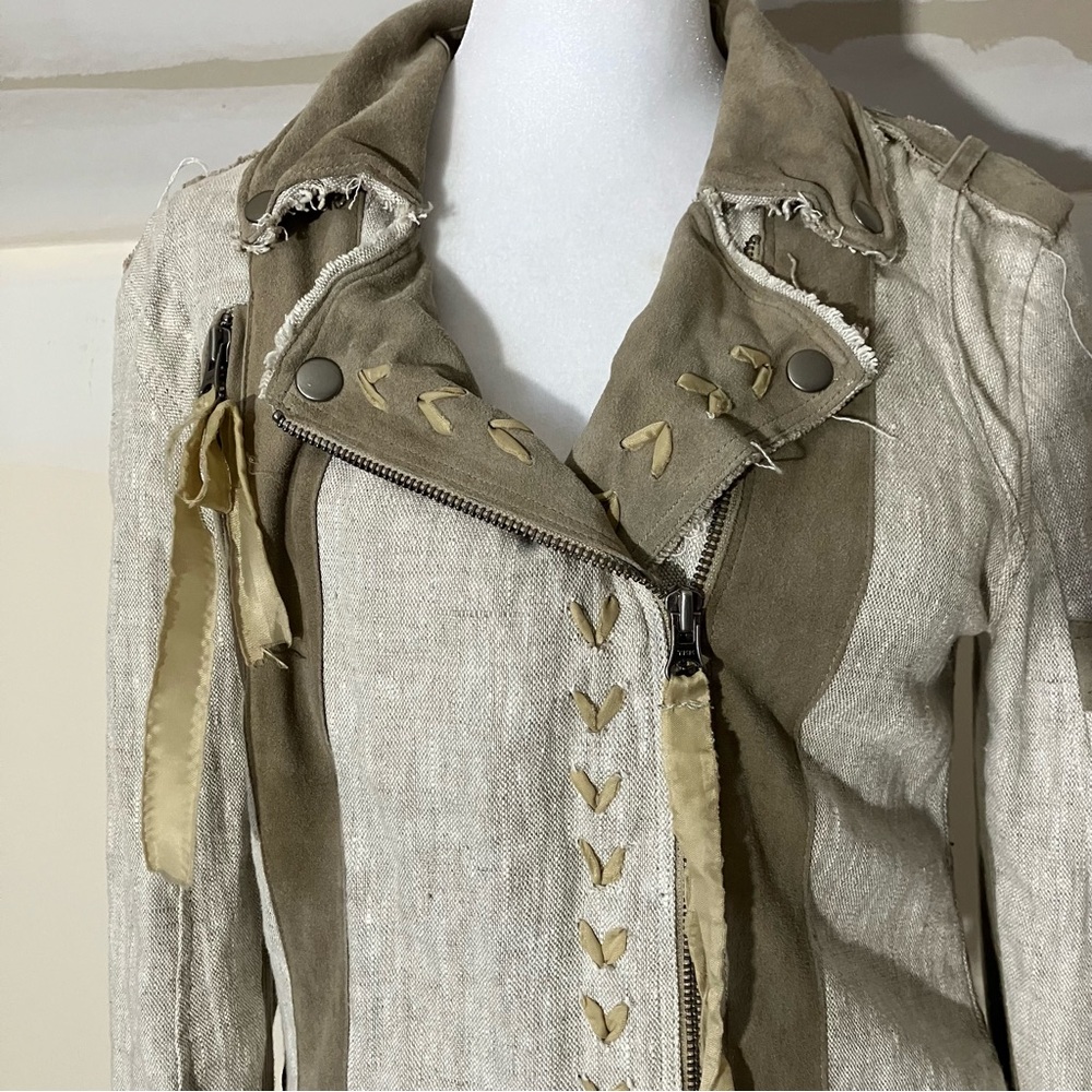 Jakett New York Linen & Leather Beige Bohemian Jacket size XS - Picture 6 of 12